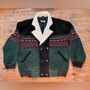 Vintage Tuscany Leather, Leather bomber jacket w/ southwestern Aztec print